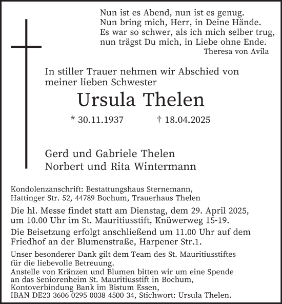 Traueranzeige von Ursula Thelen von Tageszeitung