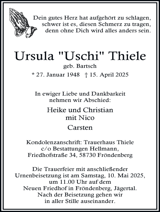 Traueranzeige von Ursula Thiele von Tageszeitung