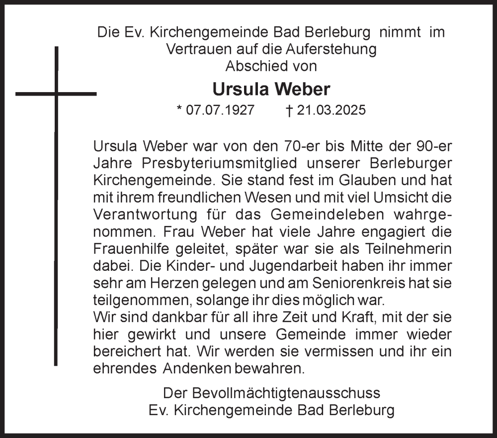  Traueranzeige für Ursula Weber vom 05.04.2025 aus Tageszeitung