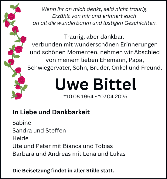 Traueranzeige von Uwe Bittel von Tageszeitung