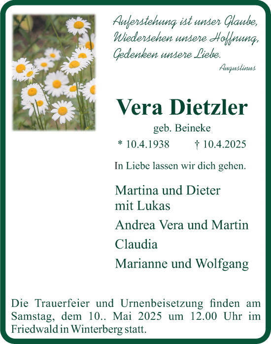 Traueranzeige von Vera Dietzler von Tageszeitung