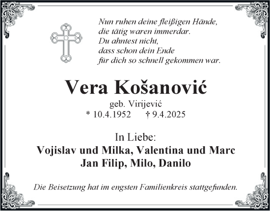 Traueranzeige von Vera Kosanovic von Tageszeitung