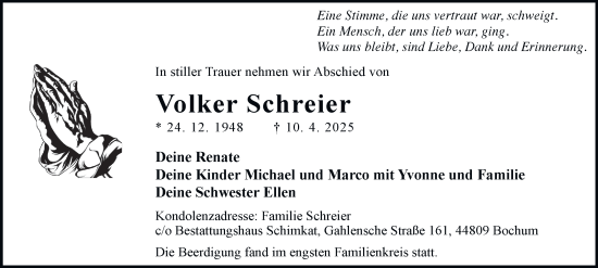 Traueranzeige von Volker Schreier von Tageszeitung