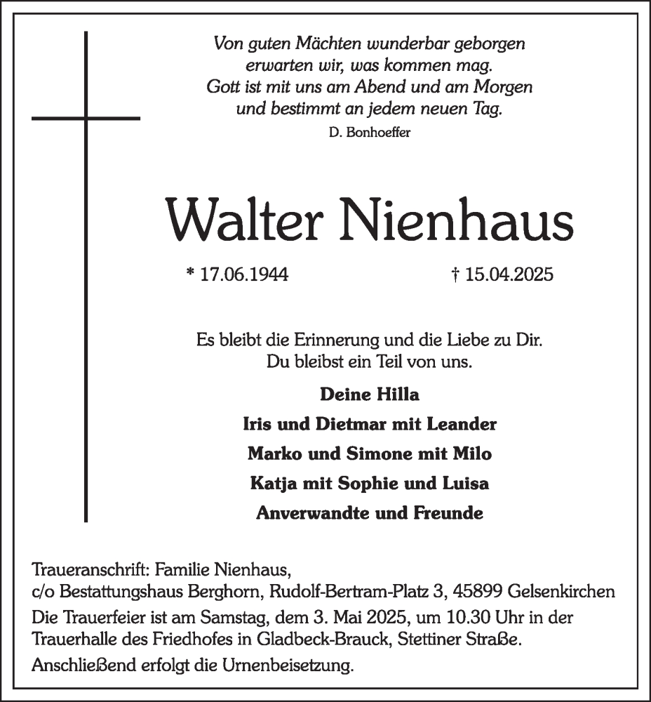  Traueranzeige für Walter Nienhaus vom 26.04.2025 aus Tageszeitung