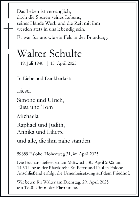 Traueranzeige von Walter Schulte von Tageszeitung