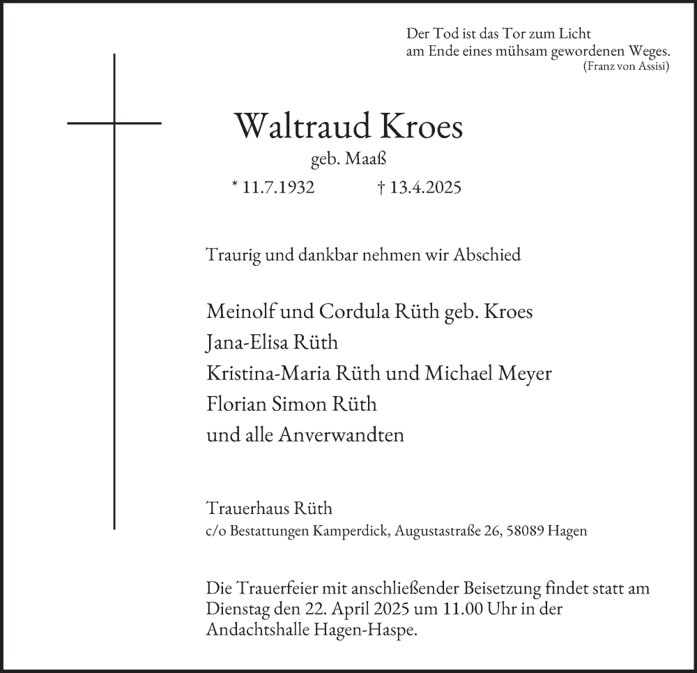  Traueranzeige für Waltraud Kroes vom 19.04.2025 aus Tageszeitung