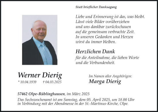 Traueranzeige von Werner Dierig von Tageszeitung