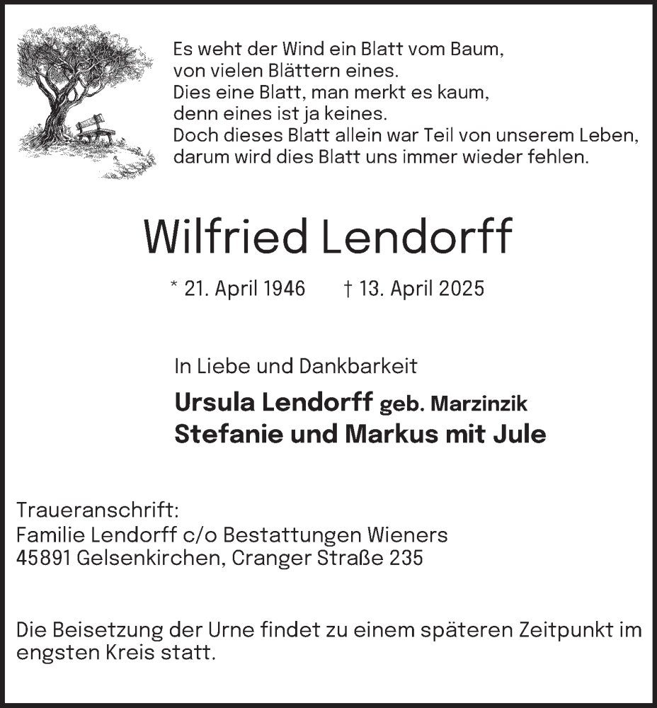  Traueranzeige für Wilfried Lendorff vom 26.04.2025 aus Tageszeitung
