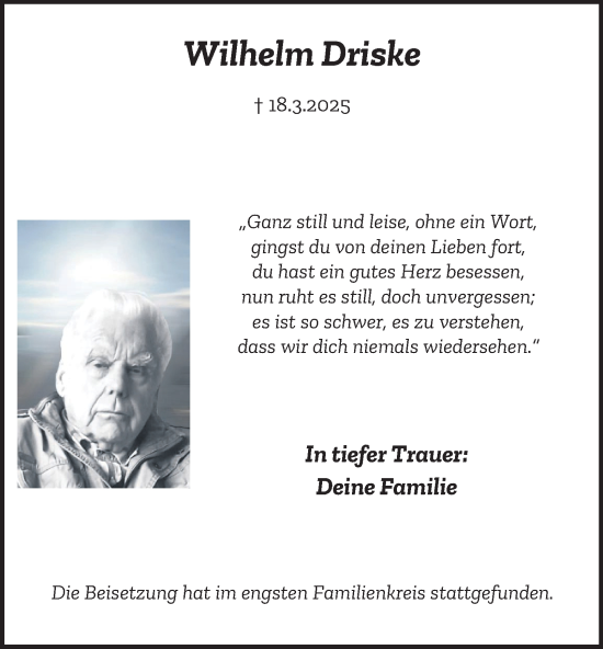 Traueranzeige von Wilhelm Driske von Tageszeitung