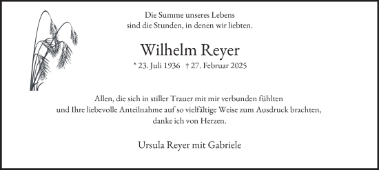 Traueranzeige von Wilhelm Reyer von Tageszeitung