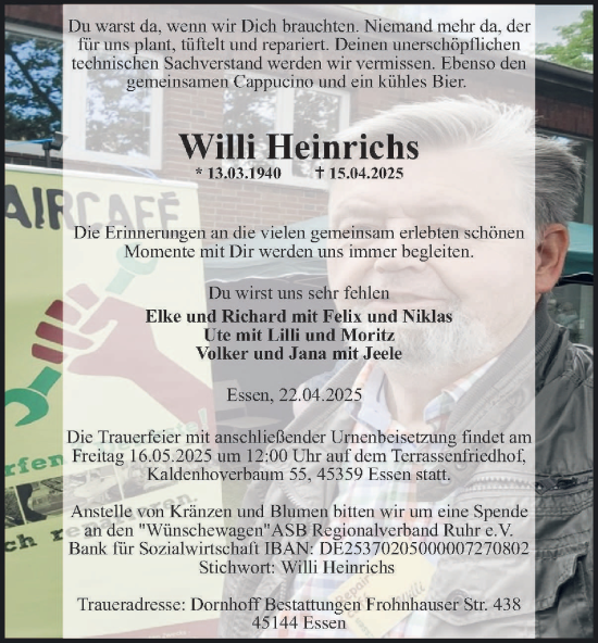 Traueranzeige von Willi Heinrichs von Tageszeitung
