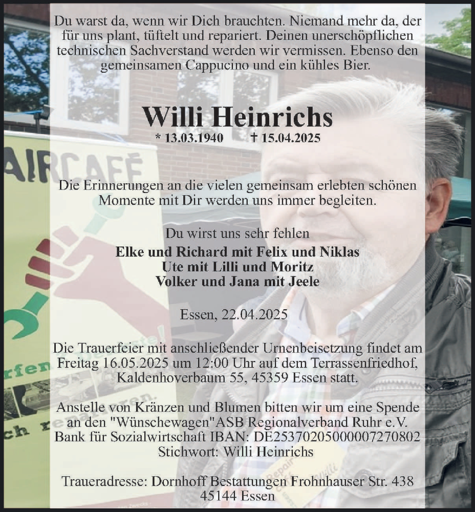  Traueranzeige für Willi Heinrichs vom 26.04.2025 aus Tageszeitung