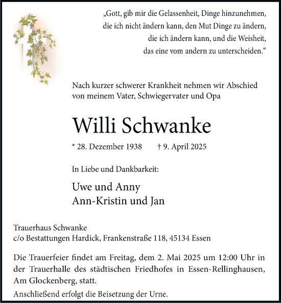 Traueranzeige von Willi Schwanke von Tageszeitung