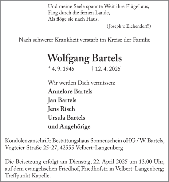 Traueranzeige von Wolfgang Bartels von Tageszeitung