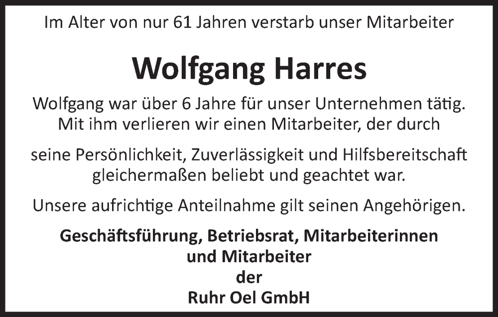  Traueranzeige für Wolfgang Harres vom 30.04.2025 aus Tageszeitung