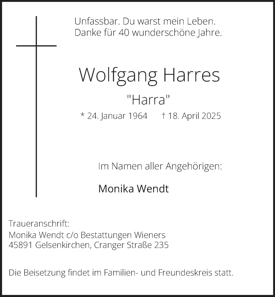  Traueranzeige für Wolfgang Harres vom 26.04.2025 aus Tageszeitung