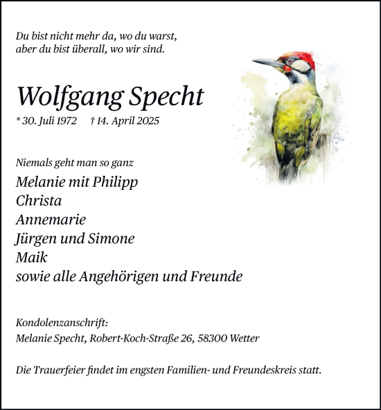 Traueranzeige von Wolfgang Specht von Tageszeitung
