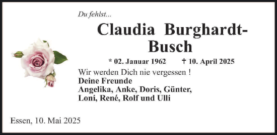 Traueranzeige von Claudia Burghardt-Busch von FUNKE Medien NRW GmbH