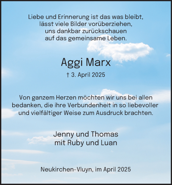 Traueranzeige von Aggi Marx von Tageszeitung