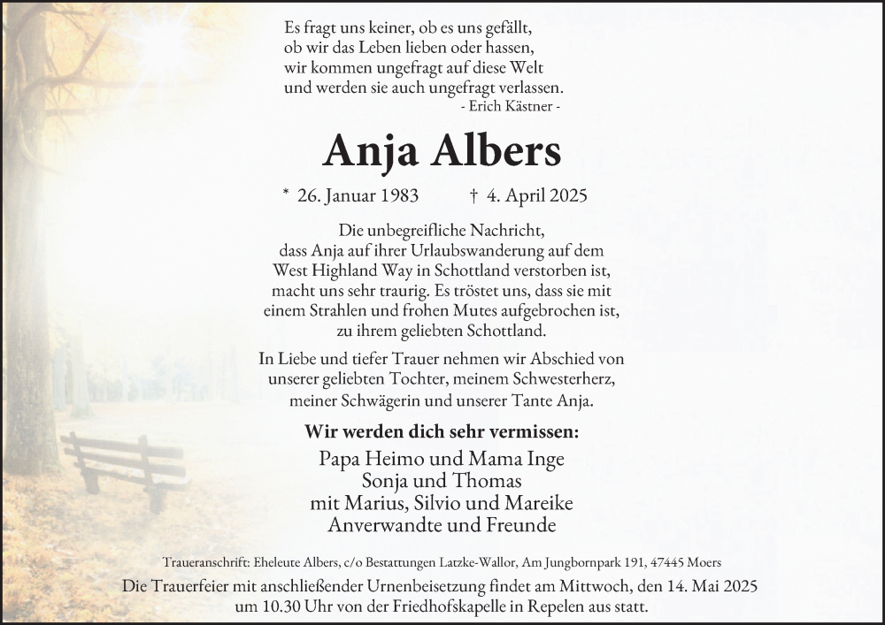  Traueranzeige für Anja Albers vom 03.05.2025 aus Tageszeitung