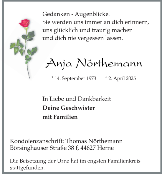 Traueranzeige von Anja Nörthemann von Tageszeitung