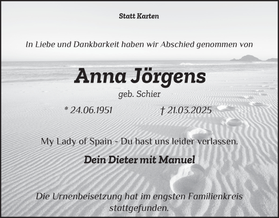 Traueranzeige von Anna Jörgens von Tageszeitung
