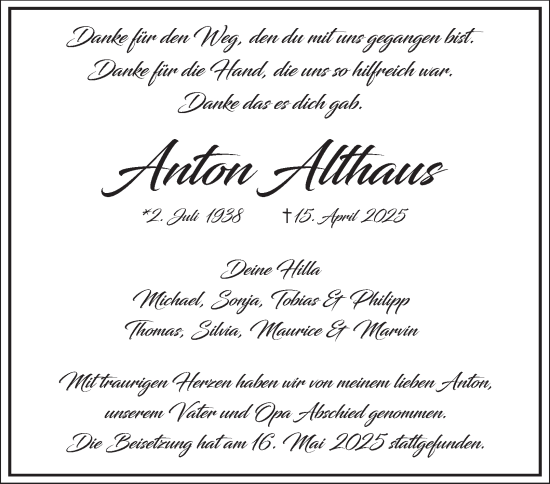Traueranzeige von Anton Althaus von Tageszeitung