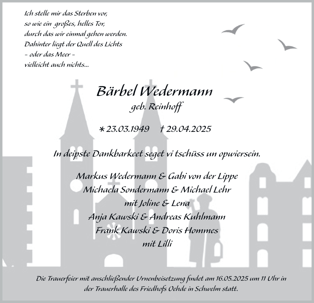  Traueranzeige für Bärbel Wedermann vom 10.05.2025 aus Tageszeitung