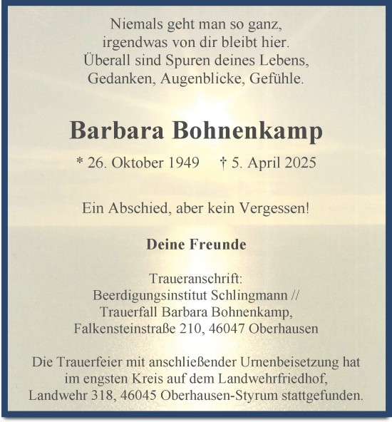 Traueranzeige von Barbara Bohnenkamp von Tageszeitung