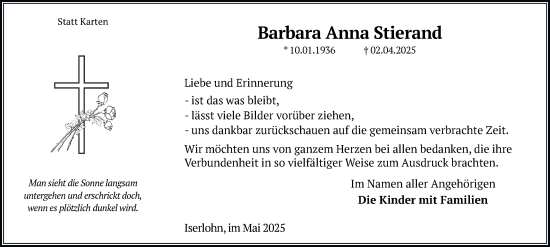 Traueranzeige von Barbara Anna Stierand von Tageszeitung