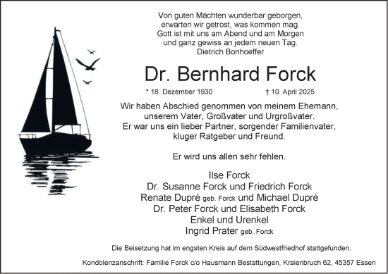 Traueranzeige von Bernhard Forck von Tageszeitung