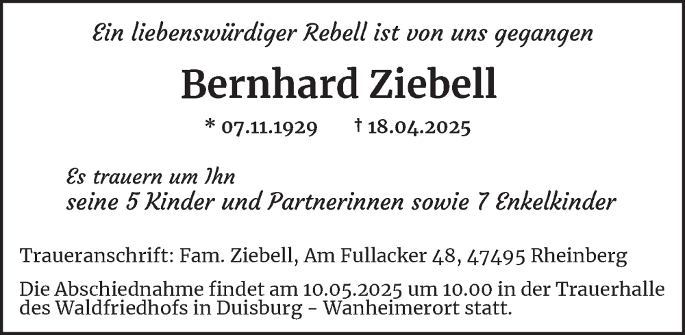  Traueranzeige für Bernhard Ziebell vom 07.05.2025 aus Tageszeitung