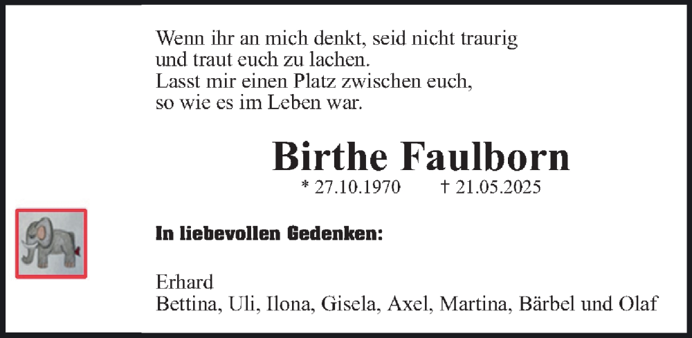  Traueranzeige für Birthe Faulborn vom 31.05.2025 aus Tageszeitung