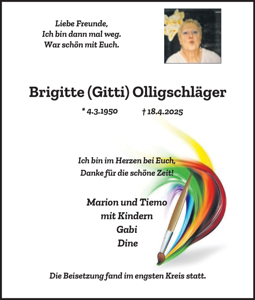  Traueranzeige für Brigitte Olligschläger vom 10.05.2025 aus Tageszeitung