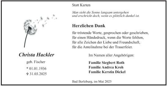 Traueranzeige von Christa Hackler von Tageszeitung