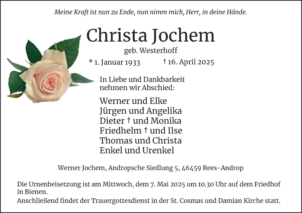  Traueranzeige für Christa Jochem vom 03.05.2025 aus Tageszeitung