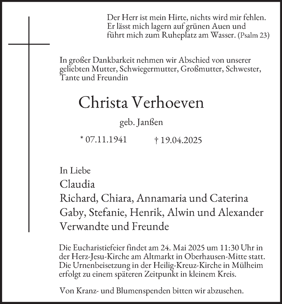  Traueranzeige für Christa Verhoeven vom 21.05.2025 aus Tageszeitung