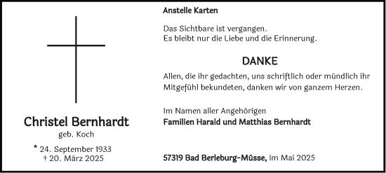 Traueranzeige von Christel Bernhardt von Tageszeitung