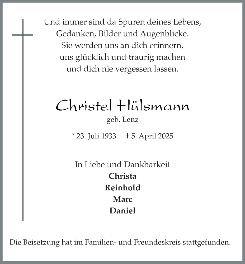  Traueranzeige für Christel Hülsmann vom 03.05.2025 aus Tageszeitung