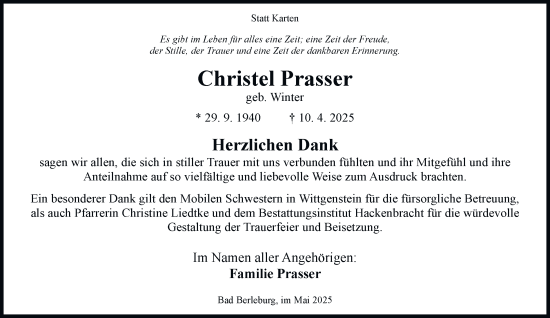 Traueranzeige von Christel Prasser von Tageszeitung