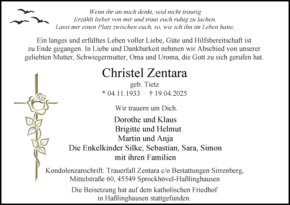  Traueranzeige für Christel Zentara vom 10.05.2025 aus Tageszeitung