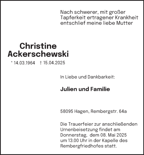 Traueranzeige von Christine Ackerschewski von Tageszeitung