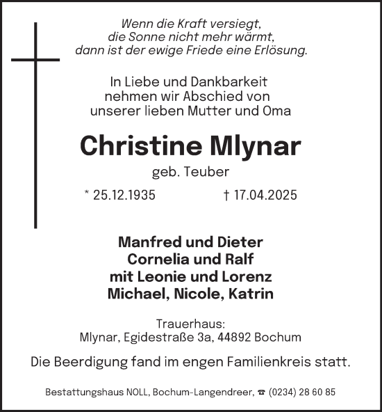 Traueranzeige von Christine Mlynar von Tageszeitung