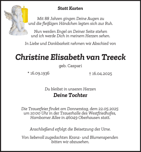 Traueranzeige von Christine Elisabeth van Treeck von Tageszeitung
