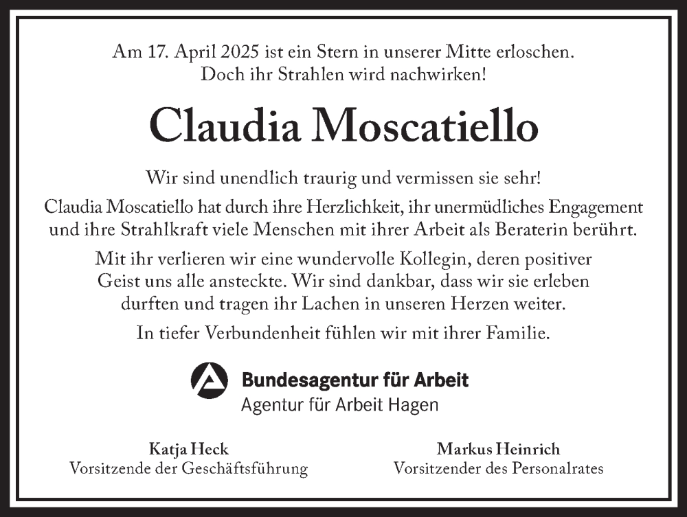 Traueranzeige für Claudia Moscatiello vom 03.05.2025 aus Tageszeitung