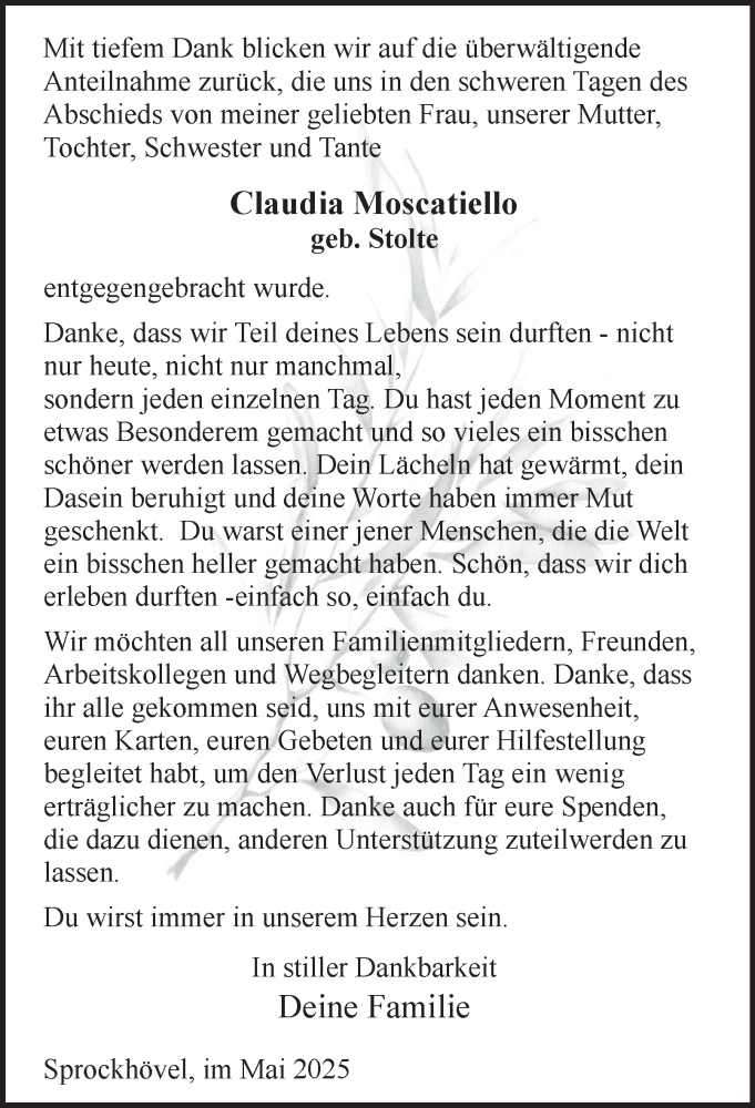  Traueranzeige für Claudia Moscatiello vom 31.05.2025 aus Tageszeitung