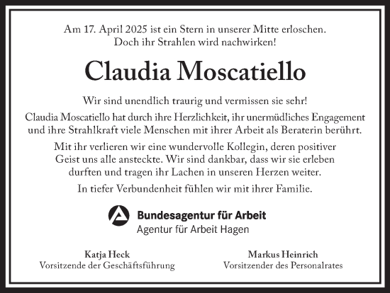 Traueranzeige von Claudia Moscatiello von Tageszeitung
