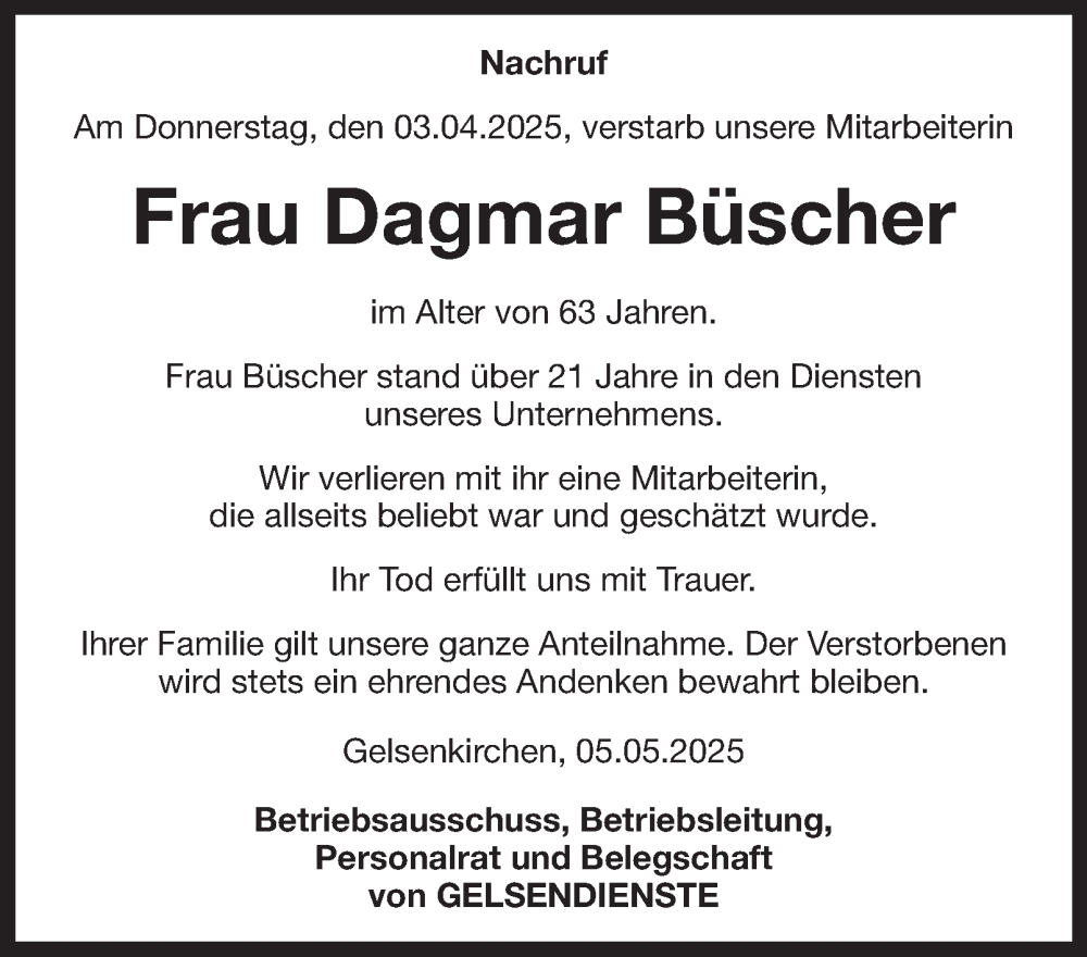  Traueranzeige für Dagmar Büscher vom 05.05.2025 aus Tageszeitung