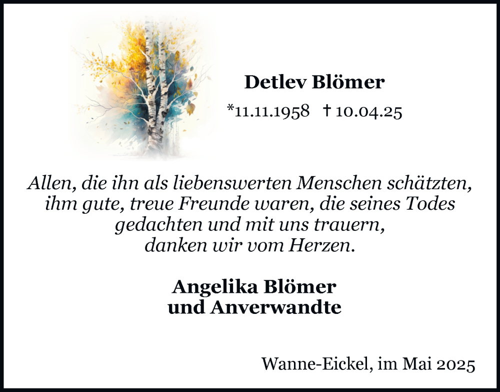  Traueranzeige für Detlev Blömer vom 17.05.2025 aus Tageszeitung