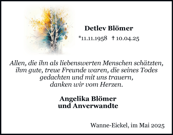 Traueranzeige von Detlev Blömer von Tageszeitung